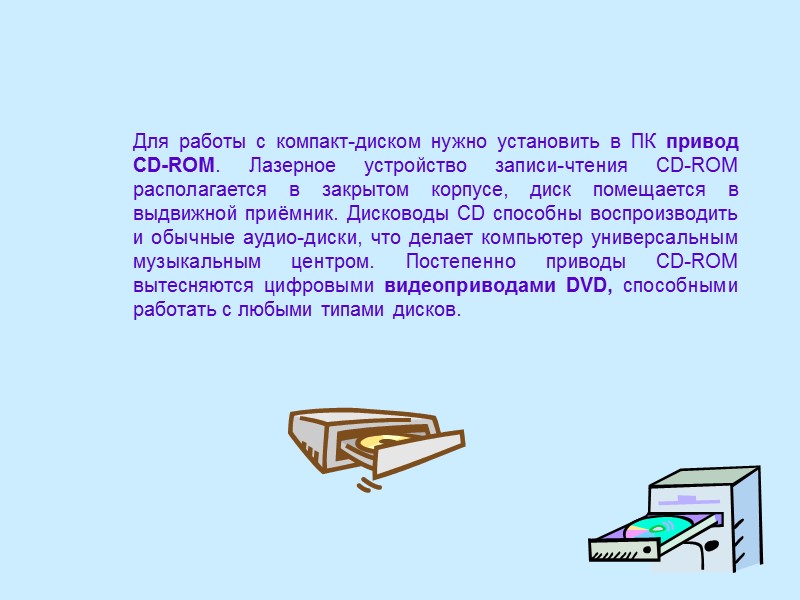 Для работы с компакт-диском нужно установить в ПК привод CD-ROM. Лазерное устройство записи-чтения CD-ROM